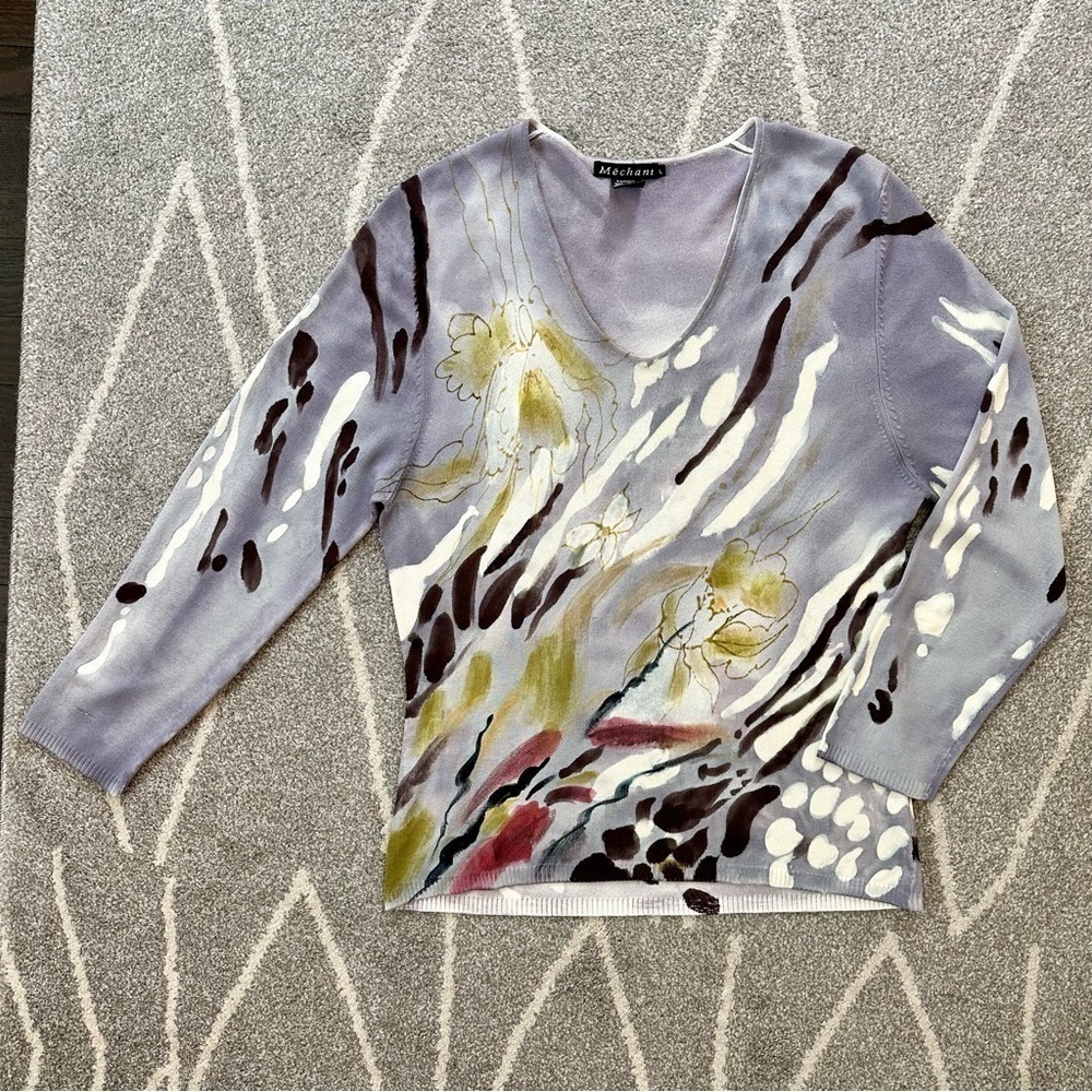 Mechant 90’s Lavender Watercolor Floral V-neck Sweater